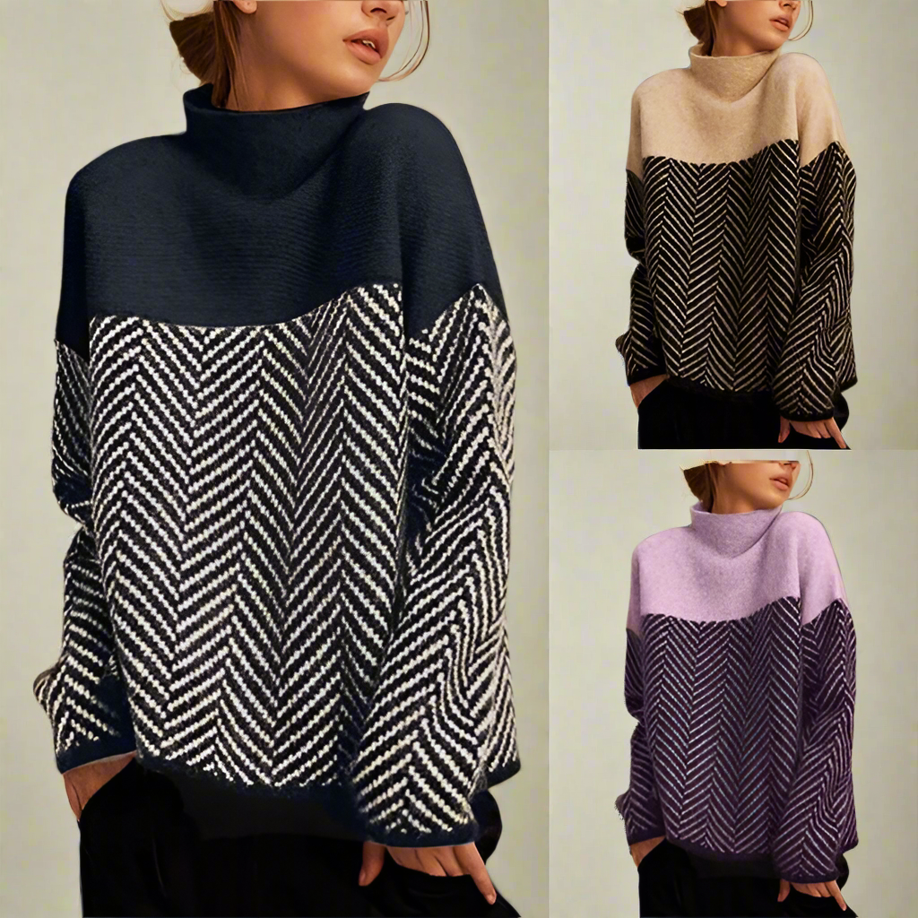 Céline™ - Pull Col Roulé à Motif Chevron