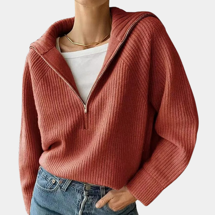 Olina - Top en maille pour femme, élégant et confortable, avec fermeture semi-zippée chic