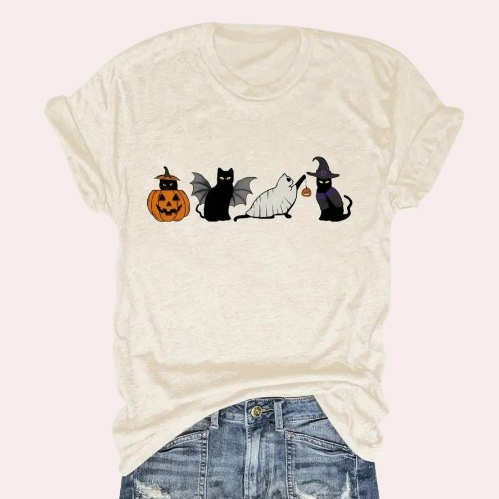 Kati - T-shirt graphique chat ludique et citrouille Grapy