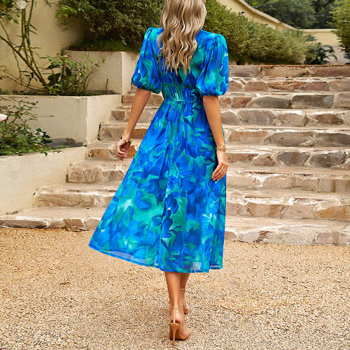 Cynthia - Robe d'été bleue élégante à imprimé enchanteur pour femmes