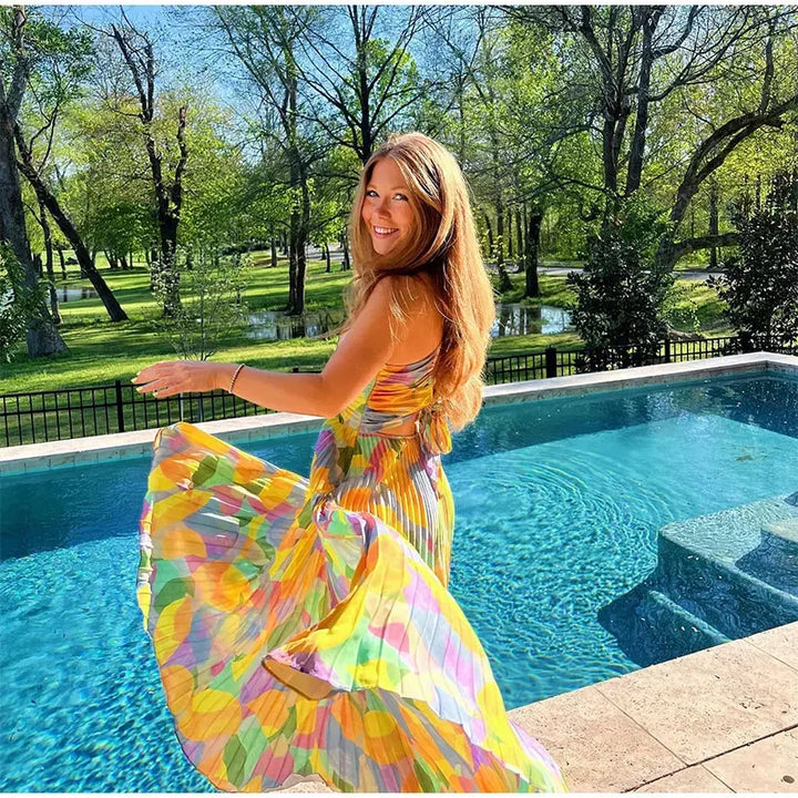 Marijke - Robe de rêve plissée jaune, élégante et polyvalente, pour femmes