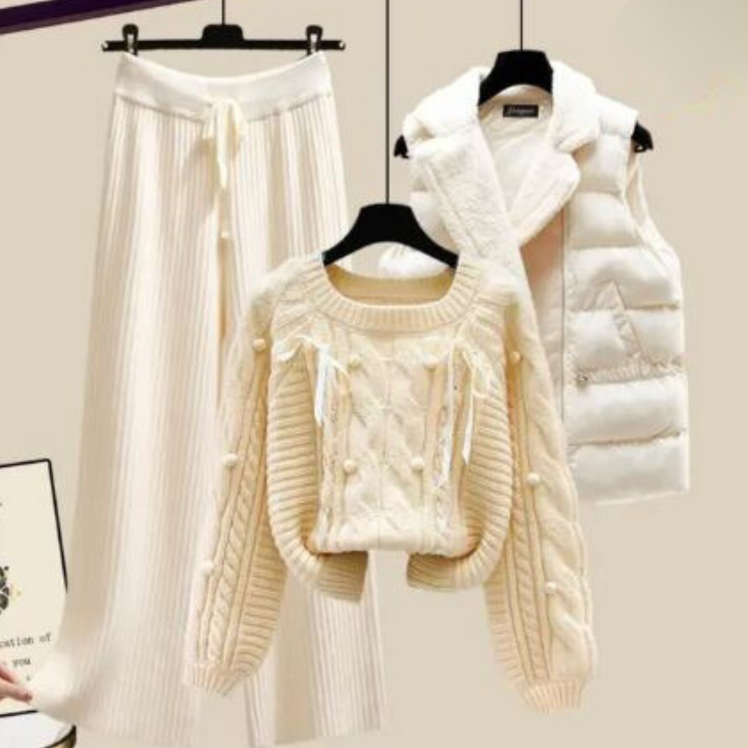 Ensemble trois pièces pour femmes Chic Nicole : veste cardigan élégante, pull confortable et pantalon plus large à la mode