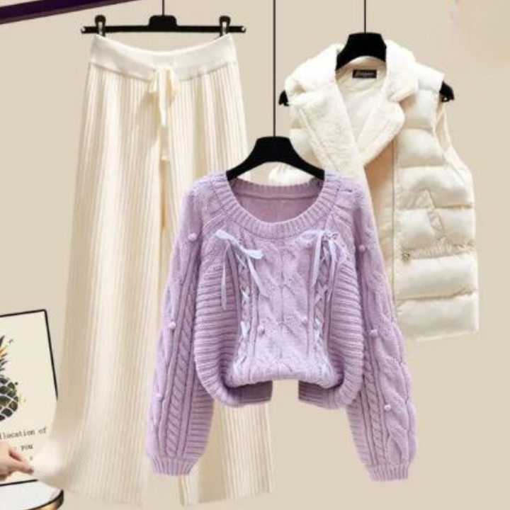 Ensemble trois pièces pour femmes Chic Nicole : veste cardigan élégante, pull confortable et pantalon plus large à la mode