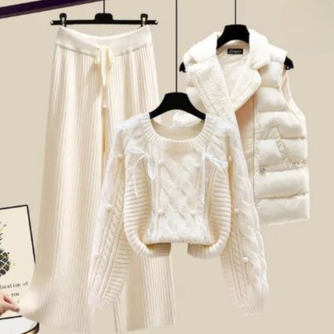 Ensemble trois pièces pour femmes Chic Nicole : veste cardigan élégante, pull confortable et pantalon plus large à la mode