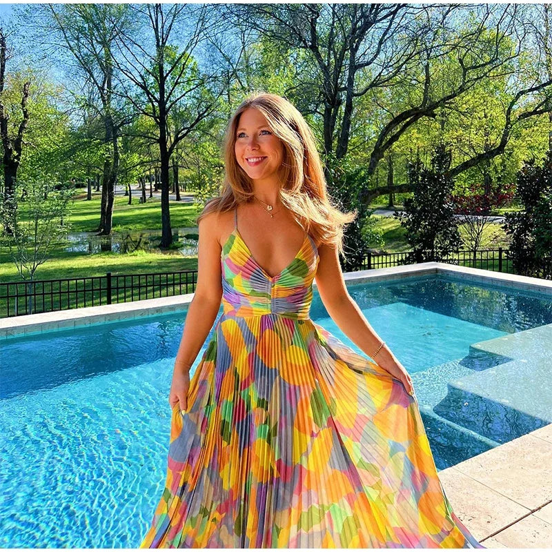 Marijke - Robe de rêve plissée jaune, élégante et polyvalente, pour femmes