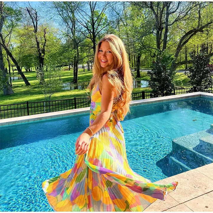 Marijke - Robe de rêve plissée jaune, élégante et polyvalente, pour femmes