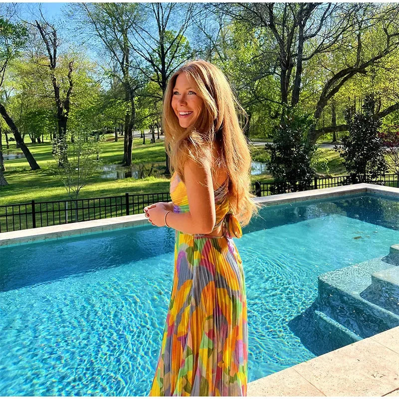 Marijke - Robe de rêve plissée jaune, élégante et polyvalente, pour femmes